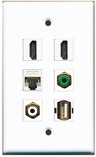 RiteAV - 2 HDMI 1 Port RCA White 1 Port RCA Green 1 Port USB A-A 1 Port Cat5e Ethernet White Wall Plate