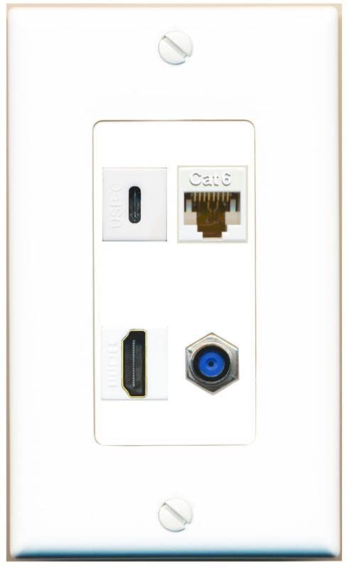 RiteAV USBC HDMI Cat6 Coax F81 Wall Plate - 1 Gang [White/White]