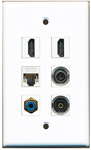 RiteAV - 2 HDMI 1 Port RCA Blue 1 Port Toslink 1 Port 3.5mm 1 Port Cat5e Ethernet White Wall Plate