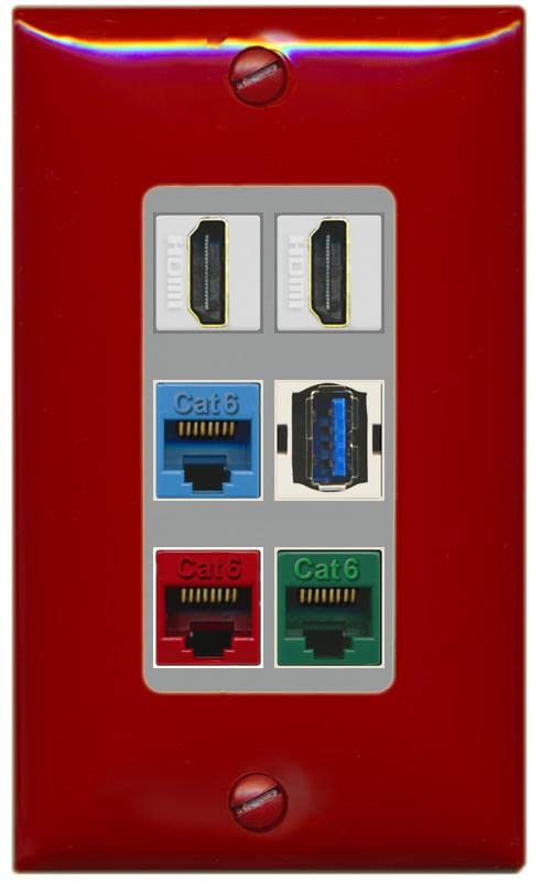 RiteAV 2 HDMI 3 Cat6 Ethernet USB3 Mixed Color Wall Plate - 1 Gang [Red/Gray]