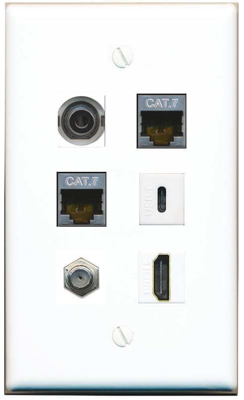 RiteAV 3.5mm 2 CAT7 Coax HDMI USBC Flat/Solid Wall Plate [White]