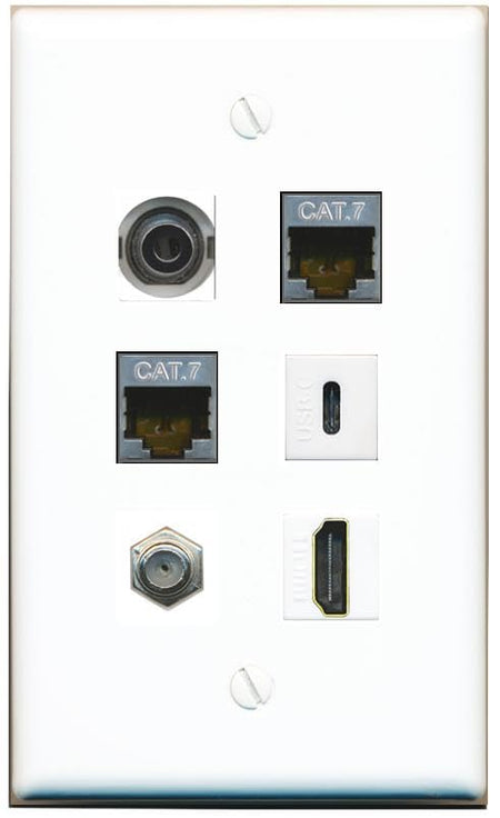 RiteAV 3.5mm 2 CAT7 Coax HDMI USBC Flat/Solid Wall Plate [White]