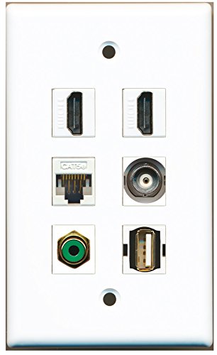 RiteAV - 2 HDMI 1 Port RCA Green 1 Port USB A-A 1 Port BNC 1 Port Cat5e Ethernet White Wall Plate