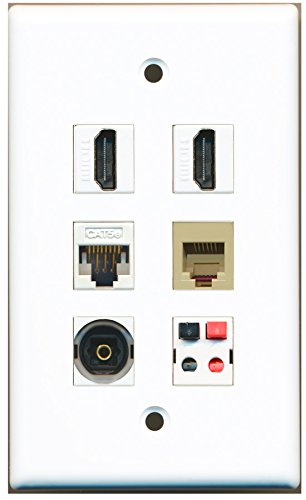 RiteAV - 2 HDMI 1 Port Phone RJ11 RJ12 Beige 1 Port Toslink 1 Port Cat5e Ethernet White 1 Port Speaker Wall Plate