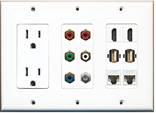 RiteAV 2 HDMI 2 USB 2 Cat5e Ethernet Component (5 x RCA RGB + Stereo) 1 Coax Cable TV 3 Gang Wall Plate