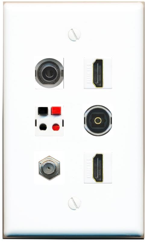 RiteAV 3.5mm COAX 2 HDMI SPEAKER TOSLINK Flat/Solid Wall Plate [White]