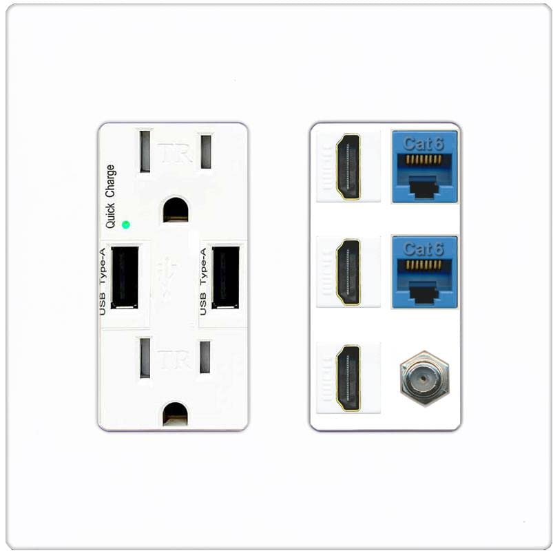 RiteAV 3 HDMI Wall Plate 2 Cat6 1 Coax - USB Charger [Screwless White]