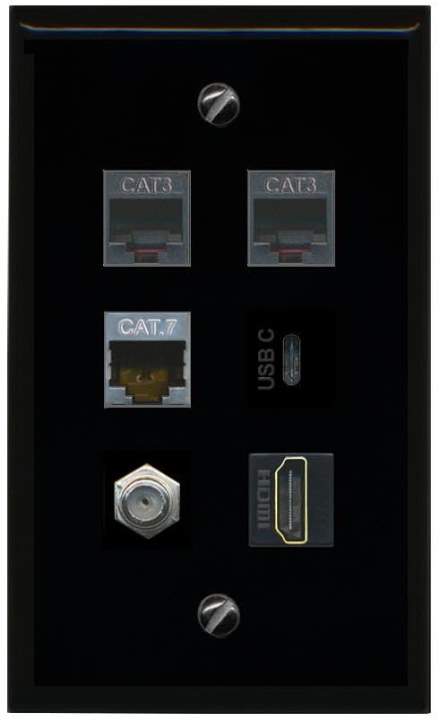 RiteAV CAT7 Coax HDMI 2 Phone USBC Flat/Solid Wall Plate [Black]