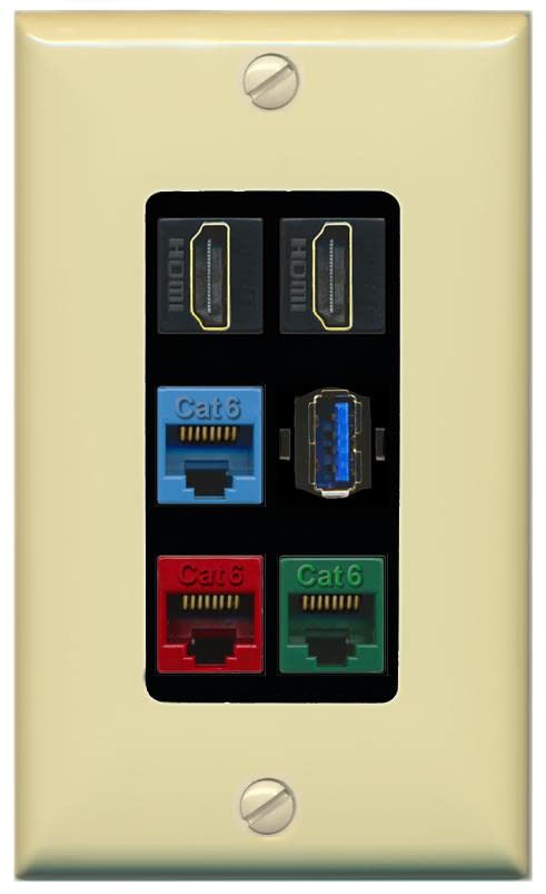 RiteAV 2 HDMI 3 Cat6 Ethernet USB3 Mixed Color Wall Plate - 1 Gang [Ivory/Black]