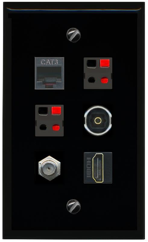 RiteAV COAX HDMI PHONE 2 SPEAKER TOSLINK Flat/Solid Wall Plate [Black]