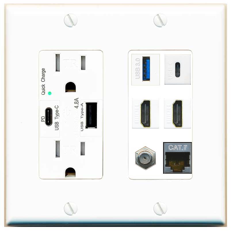 RiteAV USB 3 USB C 2 HDMI Coax Cat7 Wall Plate - USB A+C Charger [White/White]