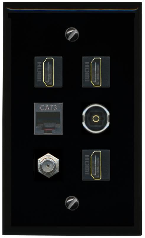 RiteAV Coax 3 HDMI Phone TOSLINK Flat/Solid Wall Plate [Black]