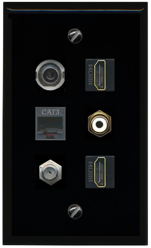 RiteAV 3.5mm COAX 2 HDMI PHONE RCA WHITE Flat/Solid Wall Plate [Black]