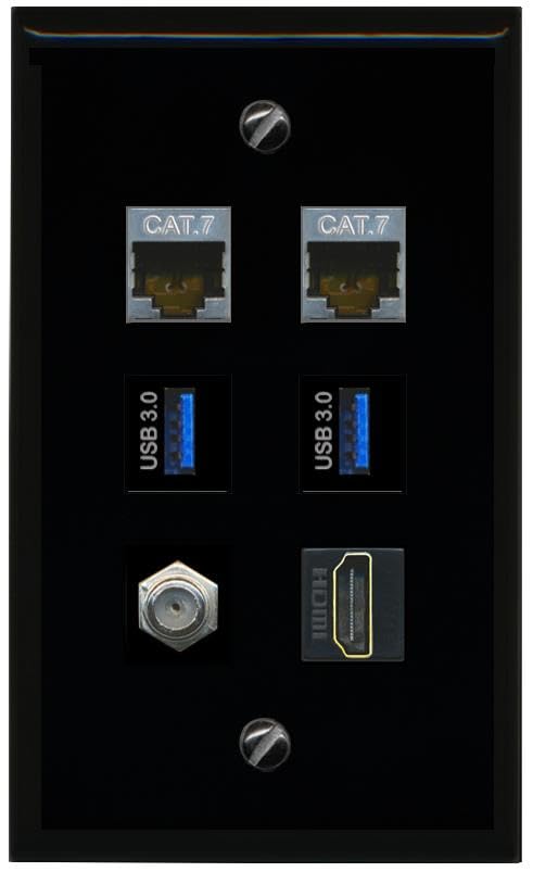 RiteAV 2 CAT7 Coax HDMI 2 USB 3 Flat/Solid Wall Plate [Black]