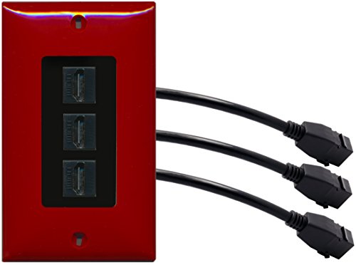 RiteAV (1 Gang Decorative 3 HDMI Black Wall Plate w/Pigtail Extension Cable Red (Black Insert)