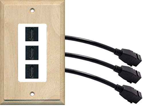 RiteAV (1 Gang Decorative 3 HDMI Black Wall Plate w/Pigtail Extension Cable Wood on White