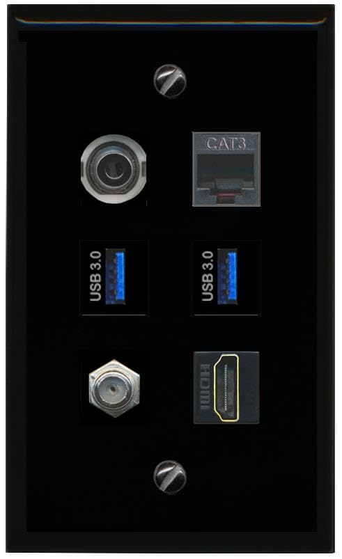 RiteAV 3.5mm Coax HDMI Phone 2 USB 3 Flat/Solid Wall Plate [Black]