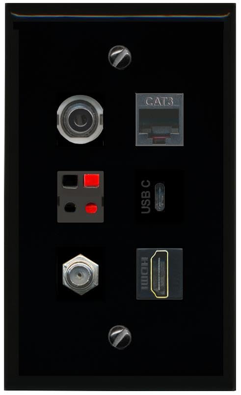 RiteAV 3.5mm COAX HDMI PHONE SPEAKER USBC Flat/Solid Wall Plate [Black]