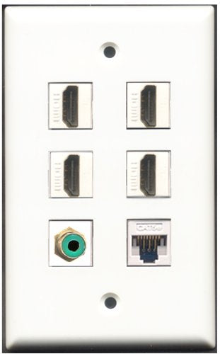 RiteAV - 4 Port HDMI 1 RCA Green 1 Cat5e Ethernet White Wall Plate