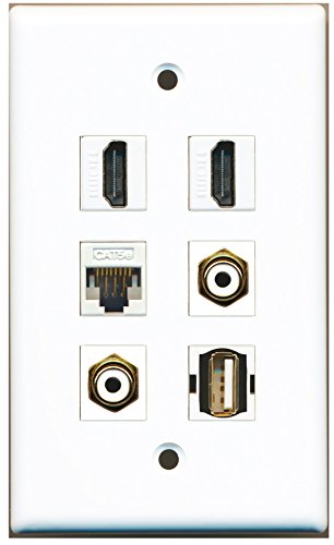 RiteAV - 2 HDMI 2 Port RCA White 1 Port USB A-A 1 Port Cat5e Ethernet White Wall Plate