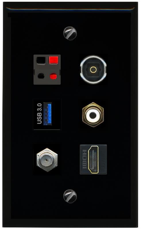 RiteAV COAX HDMI RCA WHITE SPEAKER TOSLINK USB 3 Flat/Solid Wall Plate [Black]