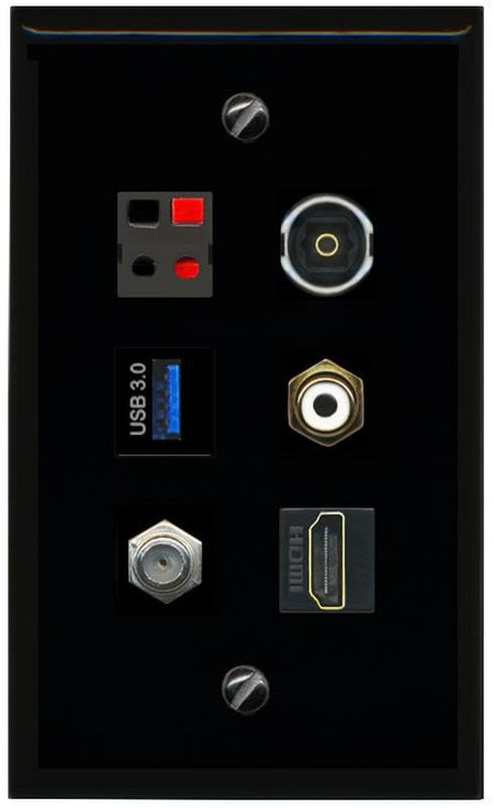 RiteAV COAX HDMI RCA WHITE SPEAKER TOSLINK USB 3 Flat/Solid Wall Plate [Black]