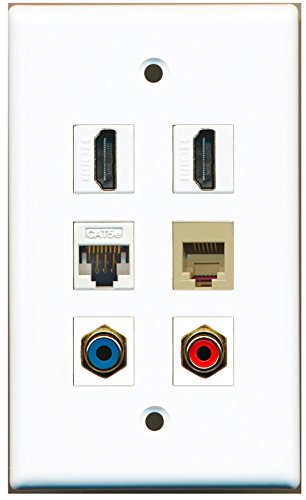 RiteAV - 2 HDMI 1 Port RCA Red 1 Port RCA Blue 1 Port Phone RJ11 RJ12 Beige 1 Port Cat5e Ethernet White Wall Plate