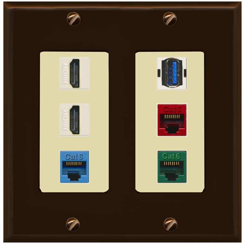 RiteAV 2 HDMI 3 Cat6 Ethernet USB3 Mixed Color Wall Plate - 2 Gang [Brown/Ivory]