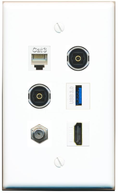 RiteAV Coax HDMI Phone 2 TOSLINK USB-3 Flat/Solid Wall Plate [White]