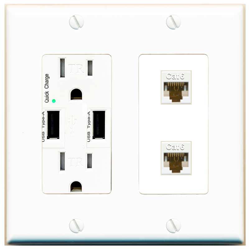 RiteAV 2 Port Cat6 Ethernet Wall Plate - USB Charger [White/White]