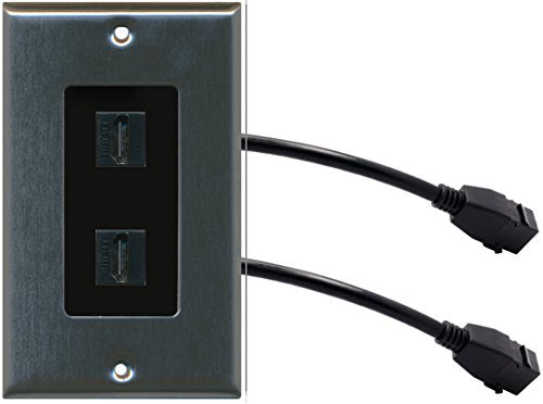 RiteAV (1 Gang Decorative 2 HDMI Black Wall Plate w/Pigtail Extension Cable Stainless (Black Insert)