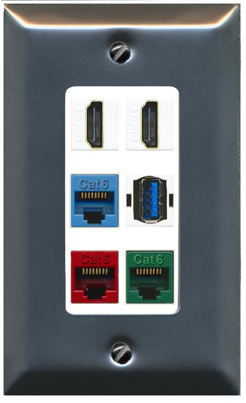 RiteAV 2 HDMI 3 Cat6 Ethernet USB3 Mixed Color Wall Plate - 1 Gang [Stainless/White]