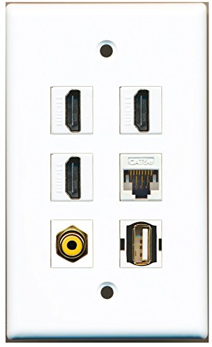 RiteAV - 3 HDMI 1 Port RCA Yellow 1 Port USB A-A 1 Port Cat5e Ethernet White Wall Plate