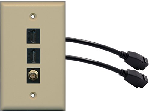RiteAV (1 Gang Flat 2 HDMI Black Coax Wall Plate w/Pigtail Extension Cable Ivory