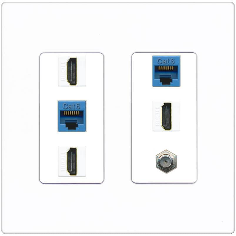 RiteAV 3 HDMI Wall Plate 2 Cat6 1 Coax - 2 Gang [Screwless White]