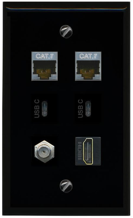 RiteAV 2 CAT7 Coax HDMI 2 USBC Flat/Solid Wall Plate [Black]