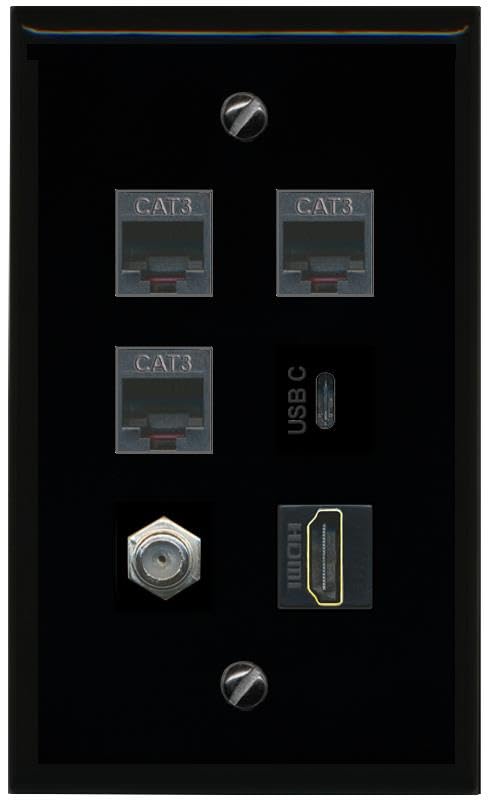 RiteAV Coax HDMI 3 Phone USBC Flat/Solid Wall Plate [Black]