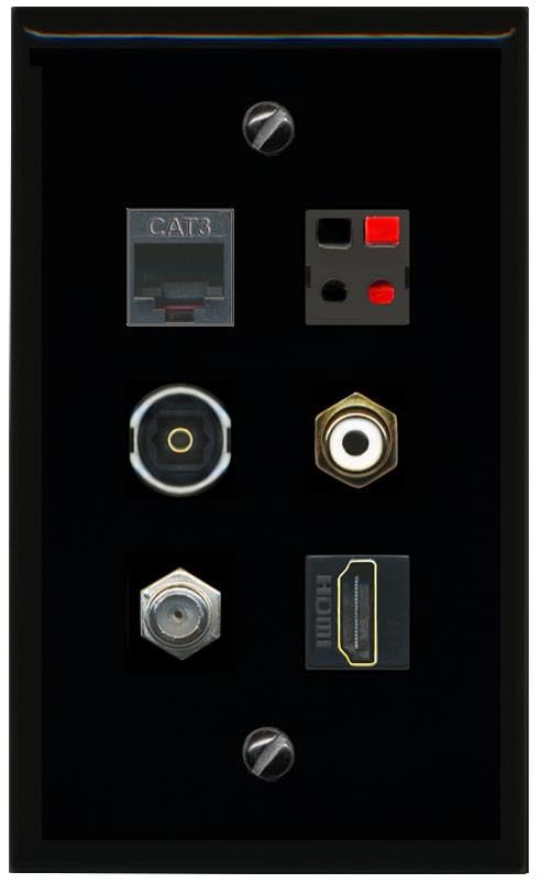 RiteAV COAX HDMI PHONE RCA WHITE SPEAKER TOSLINK Flat/Solid Wall Plate [Black]