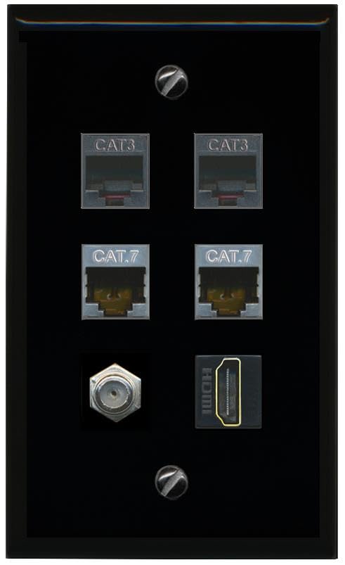 RiteAV 2 CAT7 Coax HDMI 2 Phone Flat/Solid Wall Plate [Black]