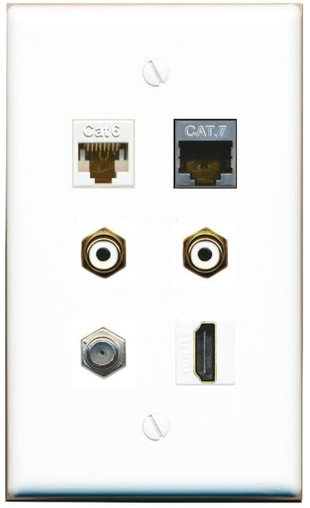 RiteAV CAT6 CAT7 COAX HDMI 2 RCA-WHITE Flat/Solid Wall Plate [White]