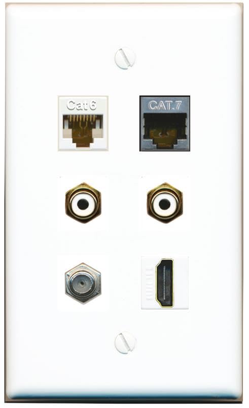 RiteAV CAT6 CAT7 COAX HDMI 2 RCA-WHITE Flat/Solid Wall Plate [White]
