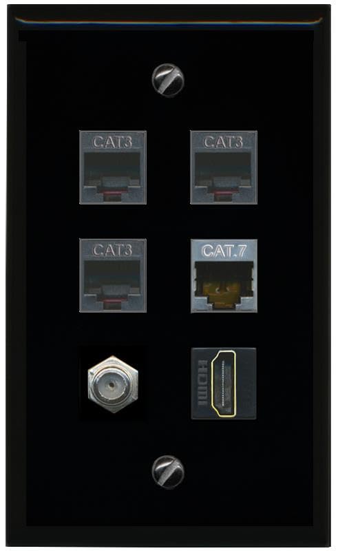 RiteAV CAT7 COAX HDMI 3 PHONE Flat/Solid Wall Plate [Black]