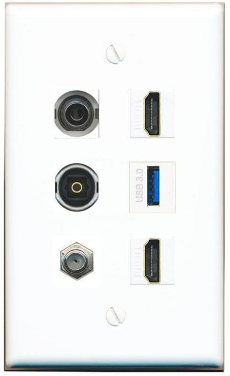 RiteAV 3.5mm Coax 2 HDMI TOSLINK USB-3 Flat/Solid Wall Plate [White]