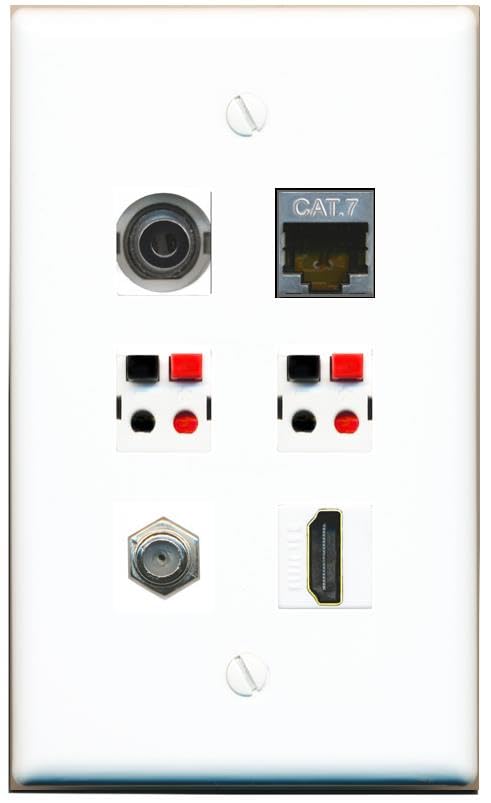 RiteAV 3.5mm CAT7 COAX HDMI 2 SPEAKER Flat/Solid Wall Plate [White]