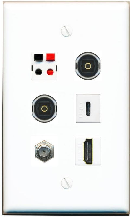 RiteAV Coax HDMI Speaker 2 TOSLINK USBC Flat/Solid Wall Plate [White]