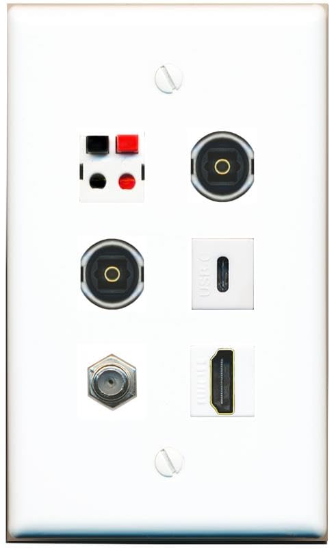 RiteAV Coax HDMI Speaker 2 TOSLINK USBC Flat/Solid Wall Plate [White]