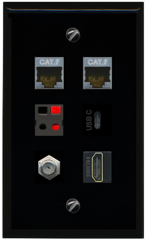 RiteAV 2 CAT7 COAX HDMI SPEAKER USBC Flat/Solid Wall Plate [Black]