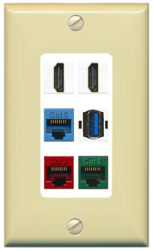 RiteAV 2 HDMI 3 Cat6 Ethernet USB3 Mixed Color Wall Plate - 1 Gang [Ivory/White]