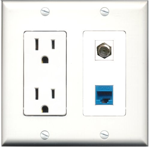RiteAV - 15 Amp Power Outlet and 1 Port Coax Cable TV- F-Type and 1 Port Cat5e Ethernet Blue Decorative Type Wall Plate White