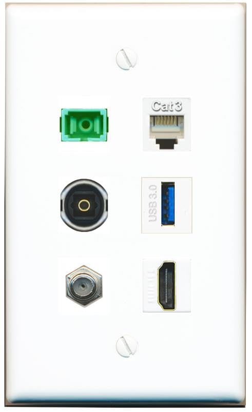 RiteAV Coax HDMI Phone SC-APC-SX TOSLINK USB-3 Flat/Solid Wall Plate [White]